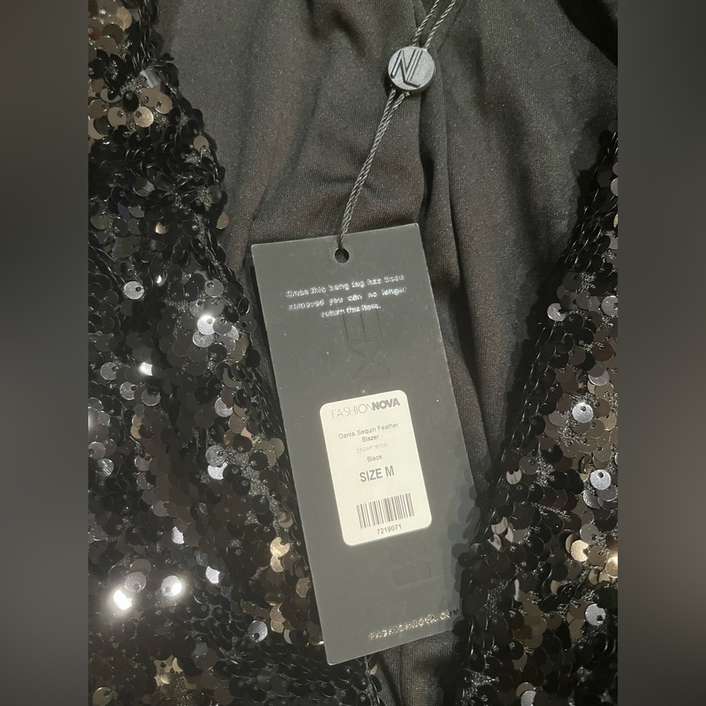 Black Sequin Blazer with Feather Cuffs - Picture 15 of 15